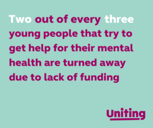 Young people's mental health Two out of every three young epople that try to get help for their mental health are turned away due to lack of funding